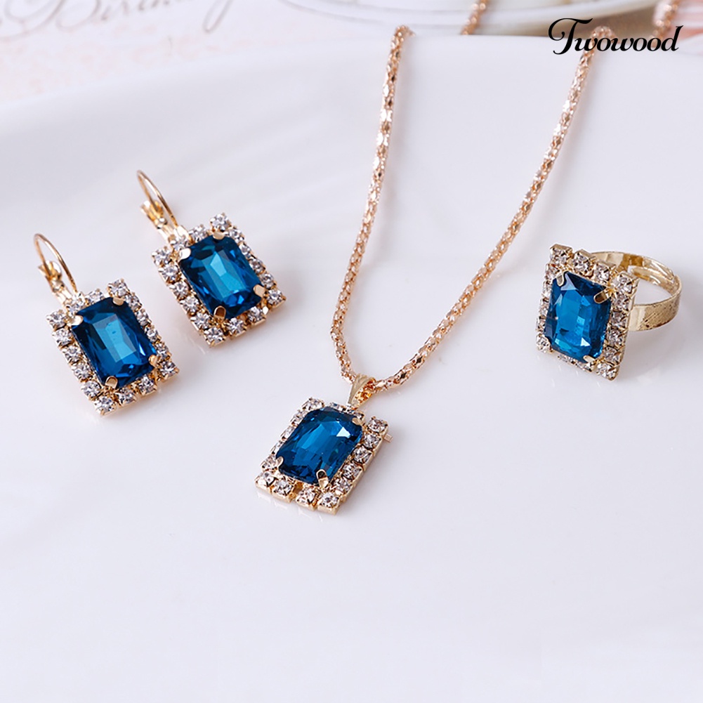 Twowood Fashion Set Perhiasan Wanita Perjamuan Pesta Pernikahan Kalung Anting Cincin Jari