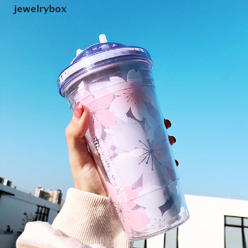 [jewelrybox] Gelas Plastik Sakura 480ml Dengan Sedotan Dan Tutup BPA Free Double Wall Dewasa Botol Air Minum Tea Cup Kawai Rumah Kantor Hadiah Butik