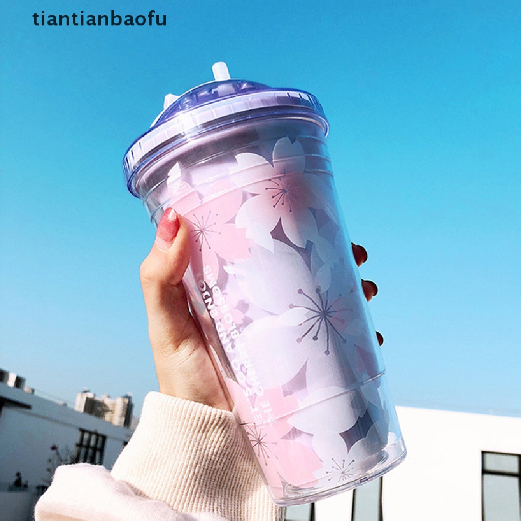 [tiantianbaofu] Gelas Plastik Sakura 480ml Dengan Sedotan Dan Tutup BPA Free Double Wall Dewasa Botol Air Minum Tea Cup Kawai Rumah Kantor Hadiah Butik