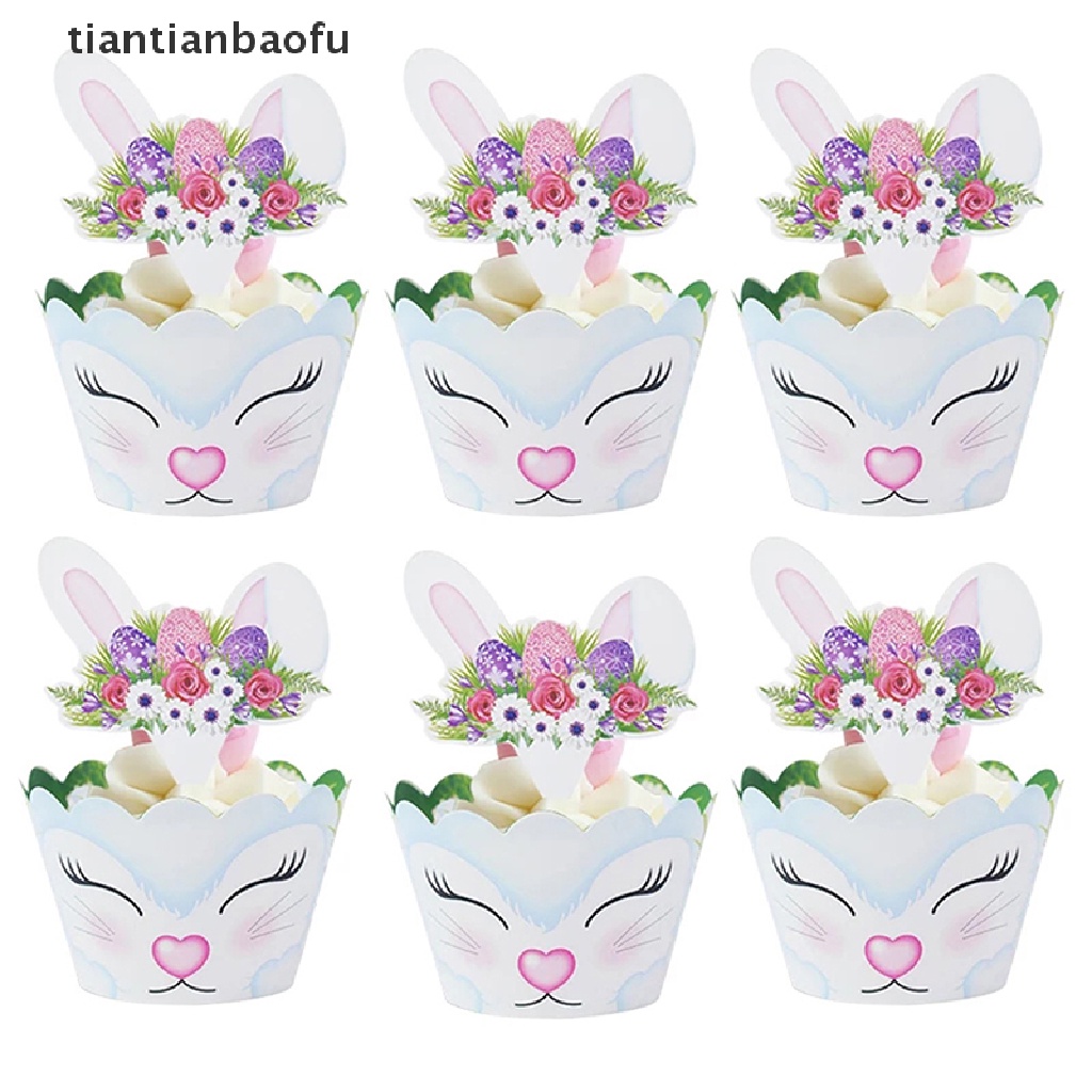 [tiantianbaofu] 24 Pcs/Set Indah Kelinci Kue Insert Card Wrapper Paskah Pesta Bunny Cake Topper Butik