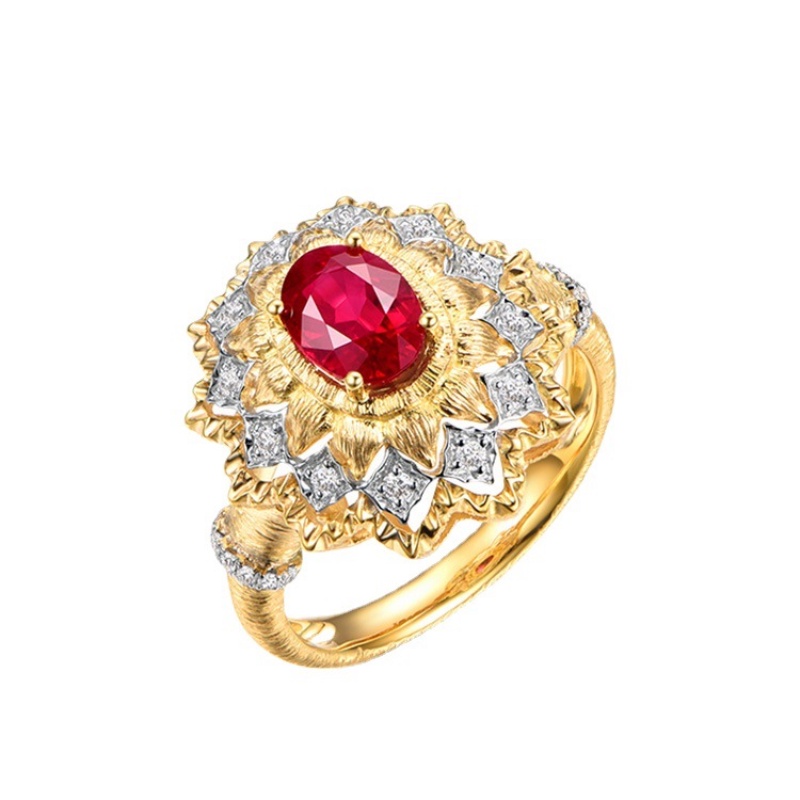 Goldkingdom Aksesoris Perhiasan Fashion Ready Stock Itali Anyaman Emas Ukir Kerajinan Darah Burung Merpati Merah Permata Cincin Dua Warna Emas Berlian Merah Cincin Digambar Tangan.