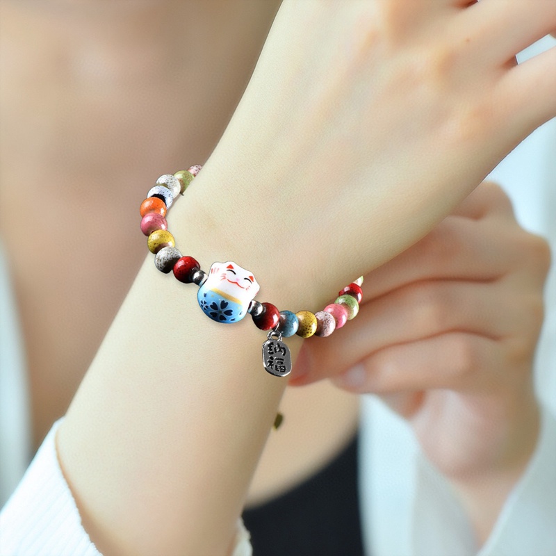 Lucu Kucing Beruntung Gelang Untuk Gadis Adjustable Manik-Manik Warna-Warni Gelang Harajuku Keramik Kucing Liontin Pesona Gelang Perhiasan