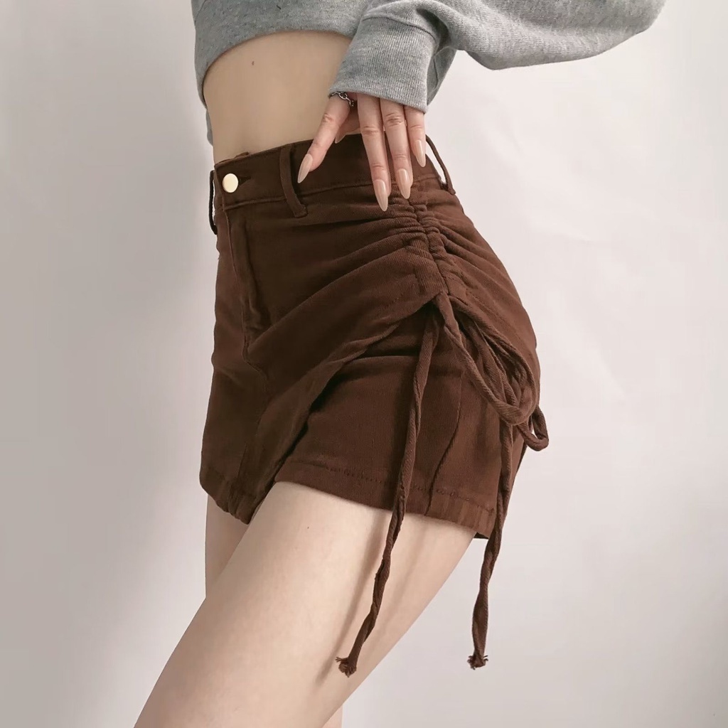 Red American hot girl style design sense side drawstring slimming high waist bag hip culottes autumn irregular elastic shorts trendy