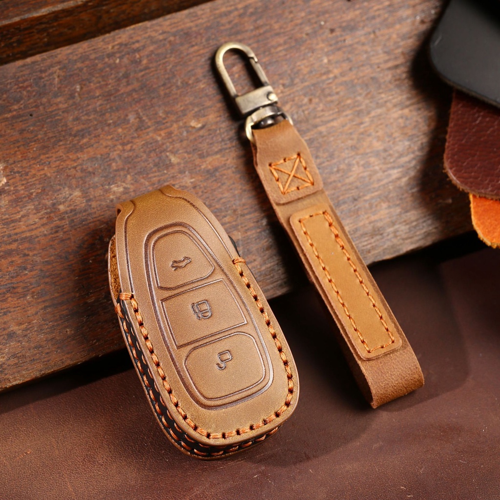 Leather Car Key Case Fob Penutup Pelindung Kunci Mobil Keychain Aksesoris Ford Fiesta Focus3 4 Mondeo Ecosport Kuga Focus ST