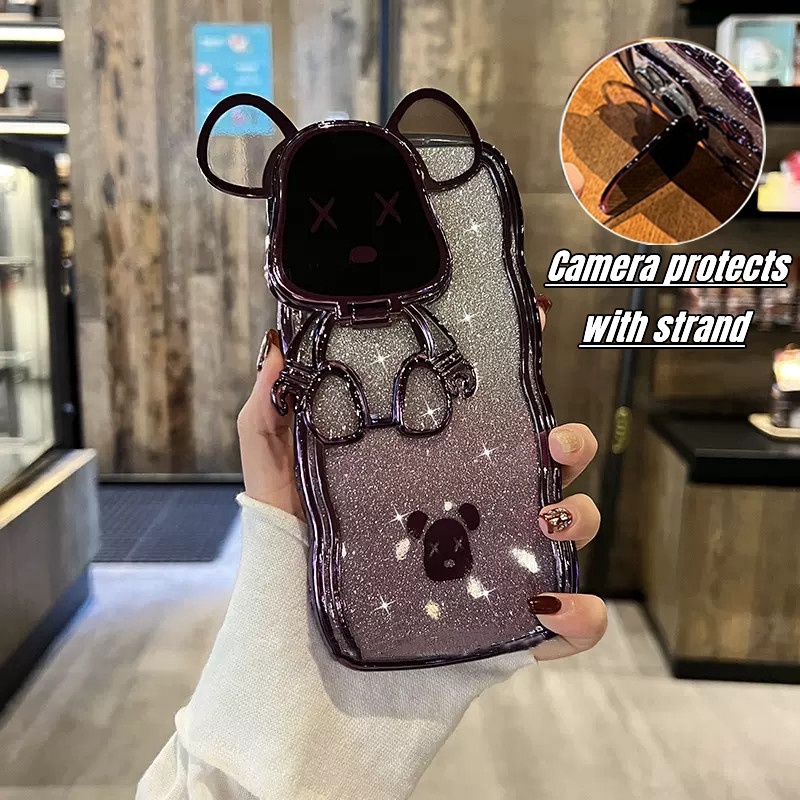 Fun 3D Bear Kamera Perlindungan Lensa Untuk Case iPhone 11 Pro Max Casing iPhone 14 12 13 Pro Max Case 14 Promax Plus Kedip Mewah Bening shockproof Pelindung Belakang Lembut