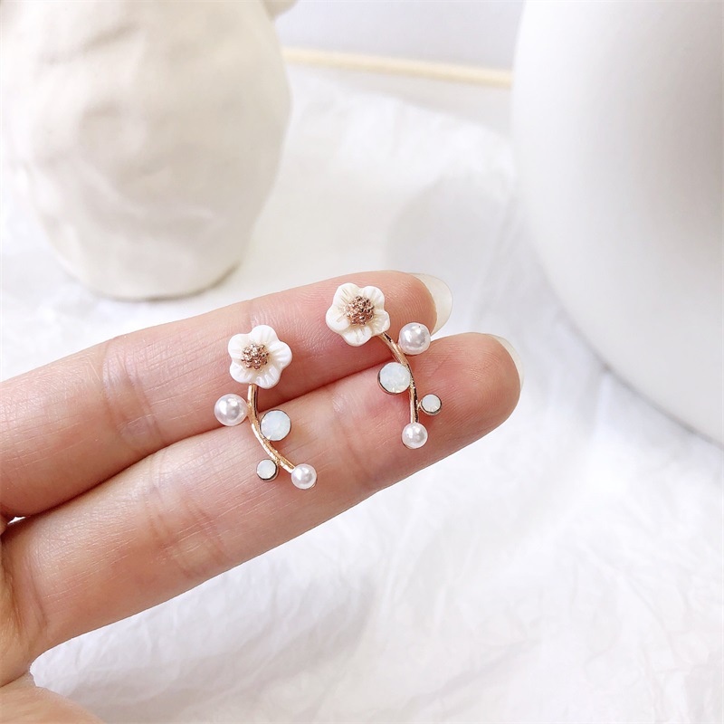 Korea INS Shell Anting Bunga Mutiara Earing Cabang Sederhana Anting Wanita Halo Gadis Perhiasan