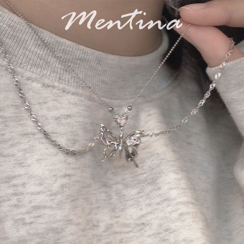 Ifyou Y2K Butterfly Rantai Ganda Kalung Hati Zirkon Liontin Perak Choker Untuk Wanita Perhiasan Aksesoris