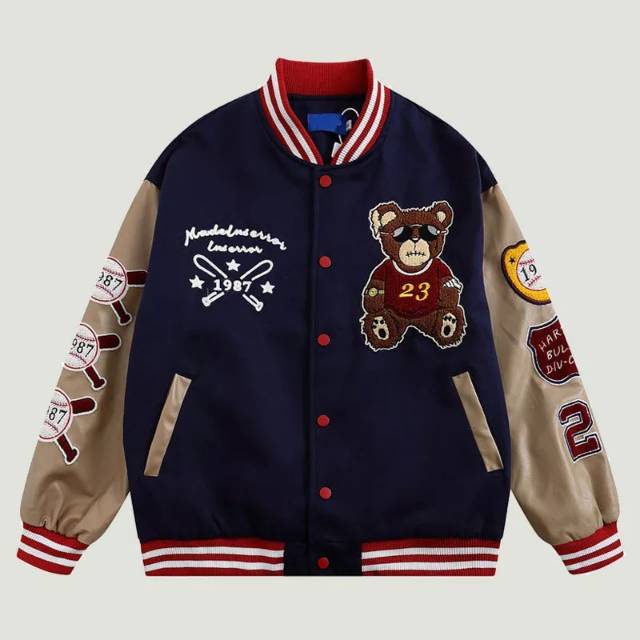 INDO - Jaket Varsity Baseball Full Bordir Teddy Bear | Jaket Baseball Varsity Pria Wanita Vintage Beruang