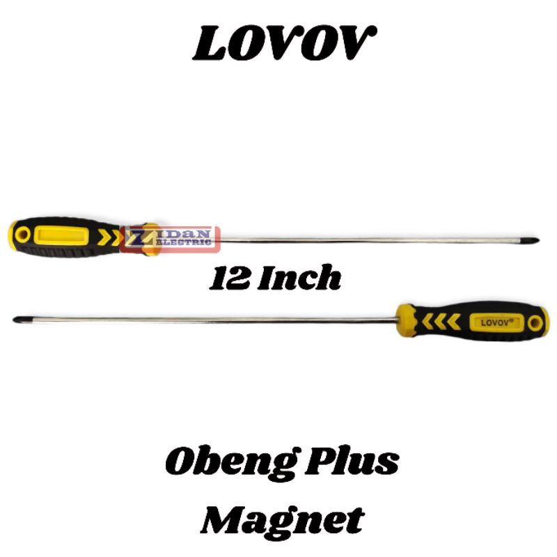 Obeng Panjang Plus Magnet 12 Inch / Obeng Plus Leher Panjang 12" Gagang Karet Lovov