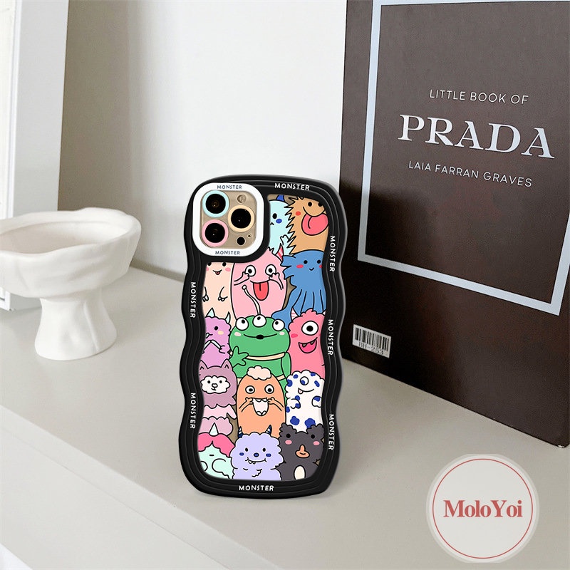 IPHONE Kartun Hewan Lucu Monster Kecil Case Kompatibel Untuk Iphone11 13 12 14 Pro Max 7Plus XR X XS Max 6s 6 7 8 Plus 14Plus SE 2020 Wavy Edge Tpu Soft Phone Cover