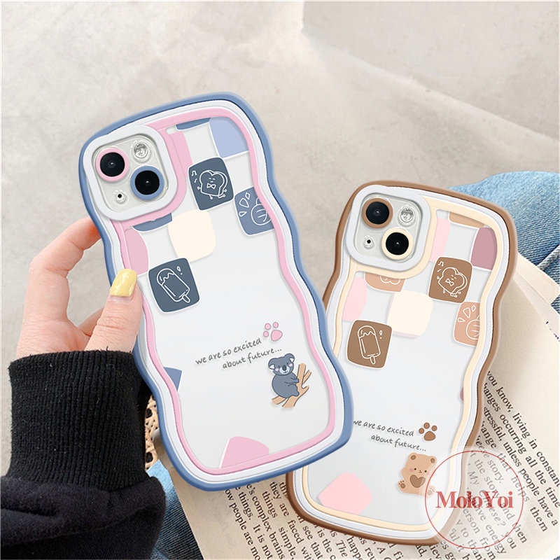 IPHONE Casing Ponsel Kompatibel Untuk Iphone11 6s 7 8 6 14 Plus 13 14 12 Pro MaxX 7Plus XR XS Max SE 2020 Lucu Kartun Beruang Pasangan Wavy Edge Soft Tpu Plaid Ice Cream Cover