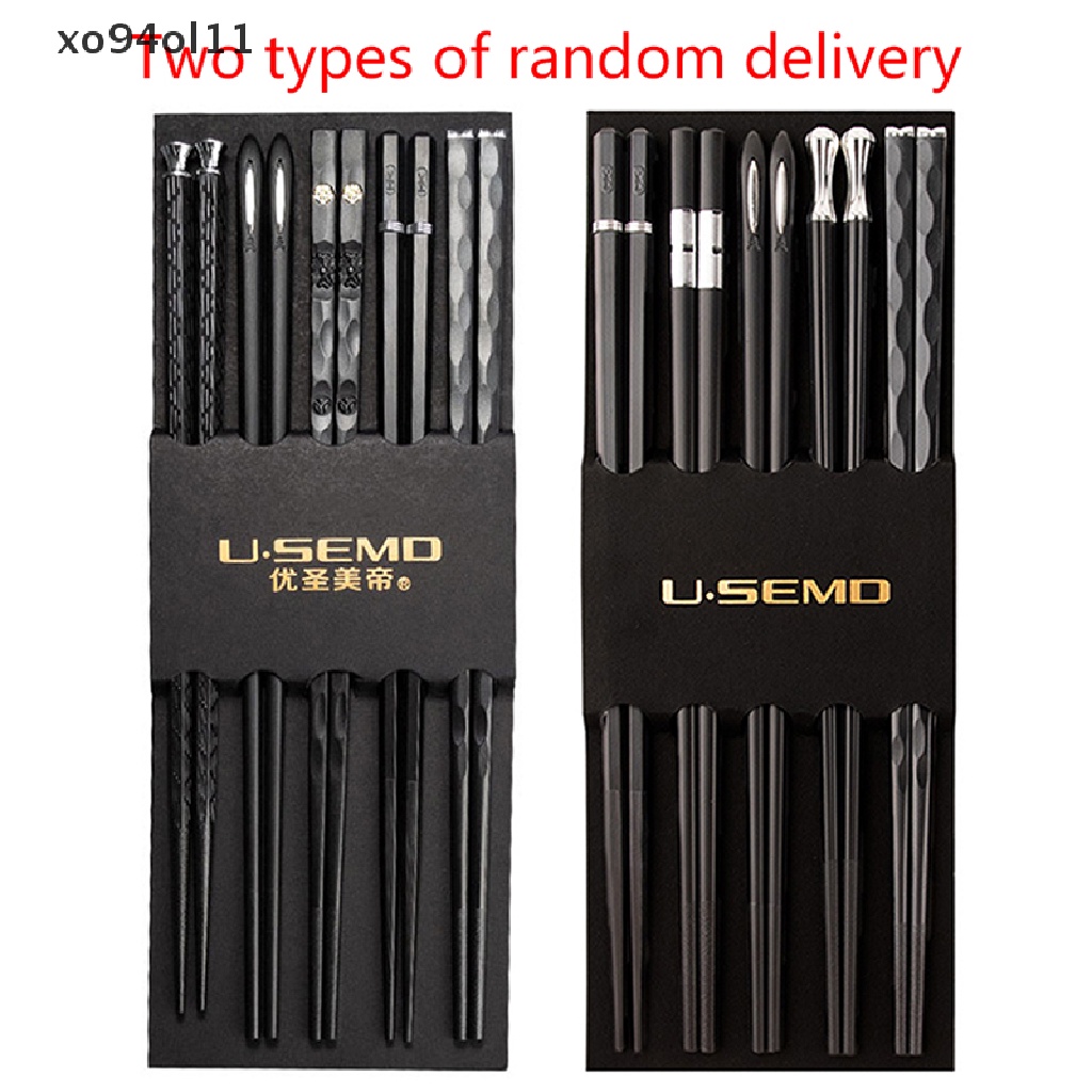 Xo 5pasang Sumpit Ukiran Laser Bahan Alloy Non-Slip Reusable Sushi Sticks OL