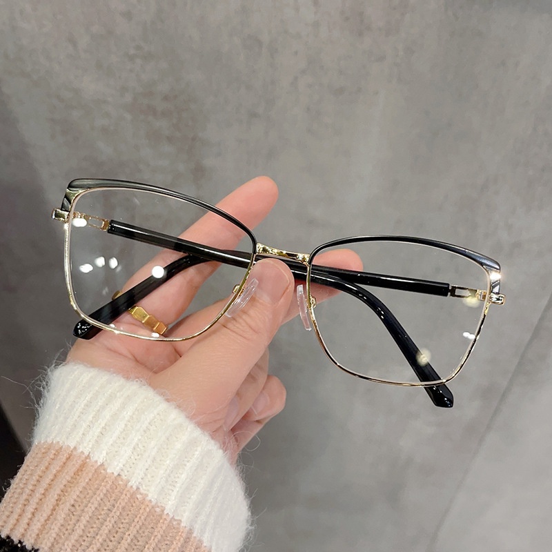 (YUZHU) Vintage Fashion Bingkai Alis Logam Cat Eye Eyeglasses Western Fashion Anti Blue Light Eyeglasses Untuk Wanita