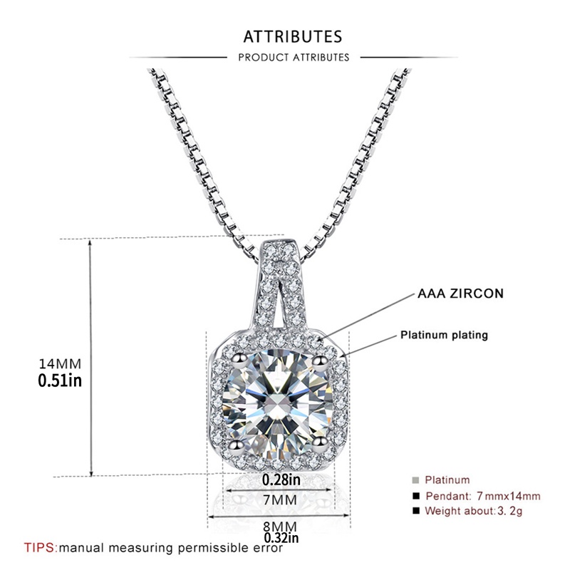 Kuroze Square Moissanite Liontin Perempuan S925 Perak Berlian Putih Kalung