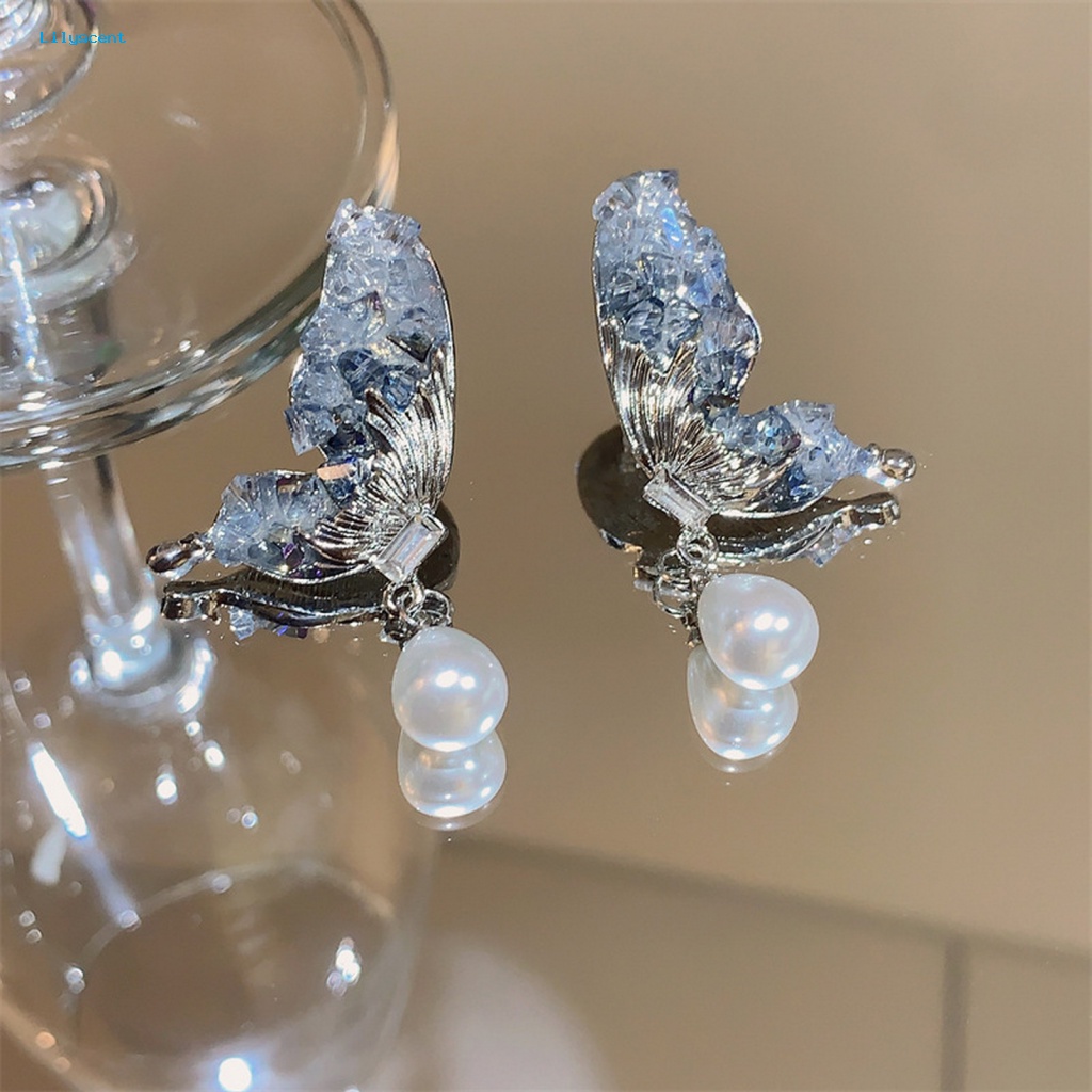 Lilyscent 1pasang Dainty Menjuntai Anting Fashion Perhiasan Rusak Kristal Imitasi Kupu-Kupu Sayap Stud Earrings Elegan