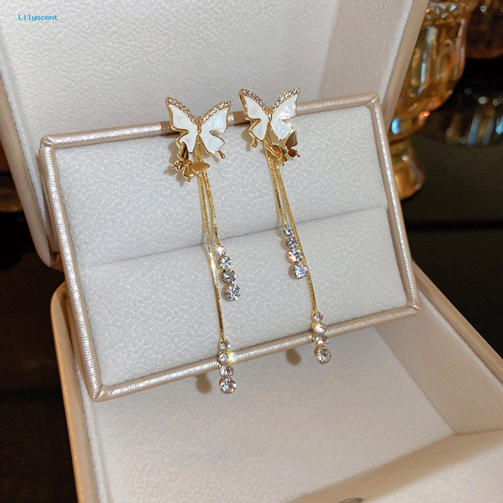 Lilyscent Desain Sederhana Anting Panjang Aksesoris Fashion Hias Berlian Imitasi Kupu-Kupu Stud Earrings Rumbai Panjang