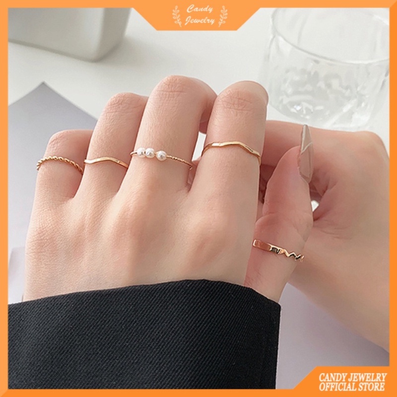 5pcs / set Cincin Jari Telunjuk Bahan Metal Hias Mutiara Gaya Korea Untuk Wanita