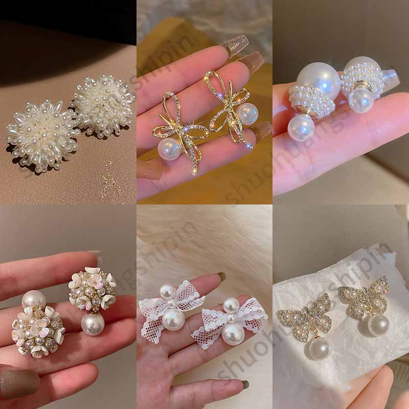 Anting Busur Berlebihan Unik Bunga Mutiara Elegan Prancis