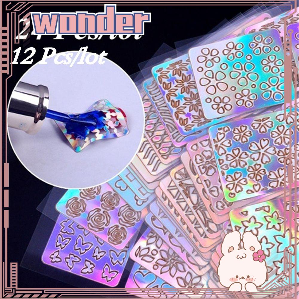 Wonder6 /12/24Pcs Stiker Kuku Vinyls Laser Wanita Fashion Stensil Template Nail Art