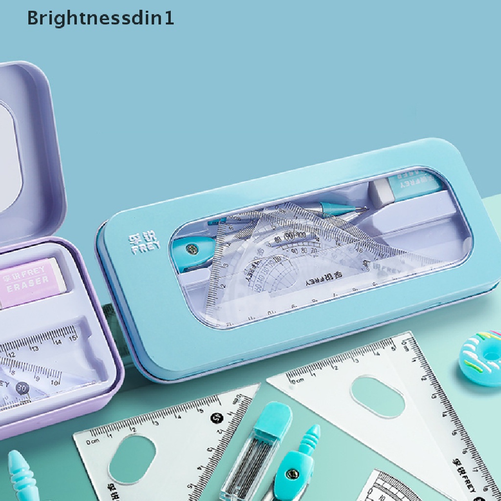 [Brightnessdin1] 7pcs Compass Math Set Untuk Siswa Dengan Kotak Penyimpanan Anti Pecah Kotak Besi Anak Penggaris Segitiga Karet Tin Pensil Case Alat Tulis Siswa Set Perlengkapan Sekolah Bou