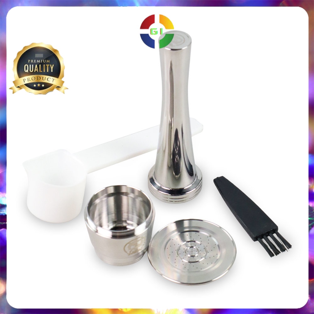 Aksesoris Penampung Bubuk Kopi Refillable Capsule Stainless Steel + Tamper for Nespresso Silver