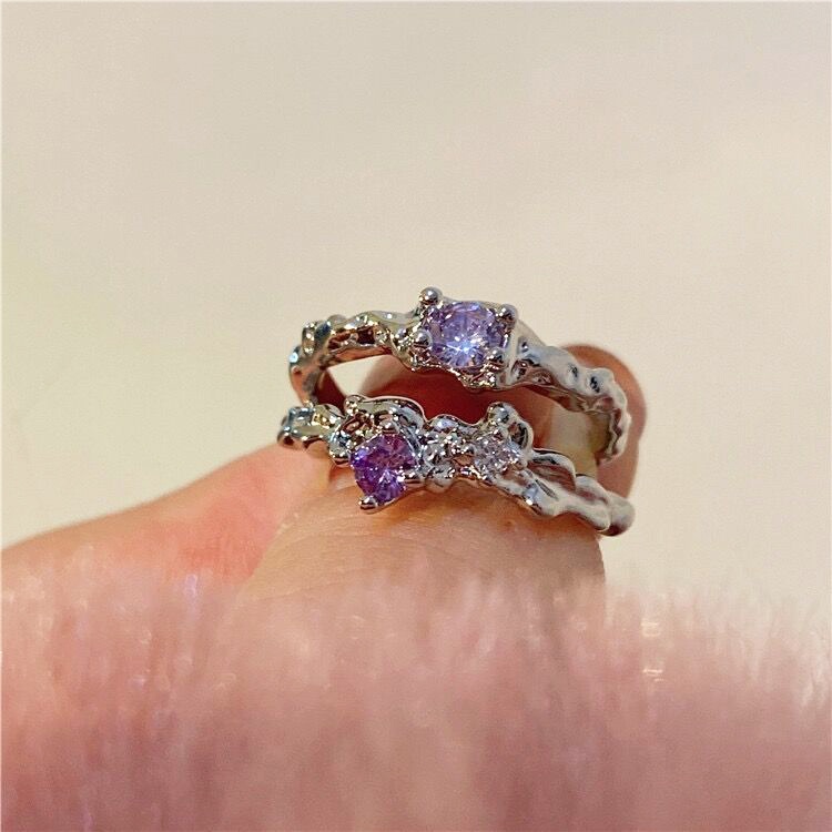 2pcs/set Cincin Kristal Ungu Set Fashion Zirkon Pembukaan Cincin Perak Untuk Aksesoris Perhiasan Wanita