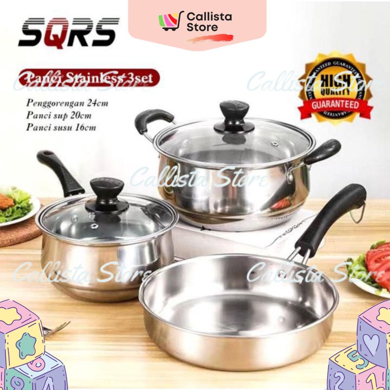 PANCI STAINLESS STEEL SQRS 3 SET panci serbaguna set panci anti karat set panci susu set panci sup set panci tumis set zhARAZU STORE