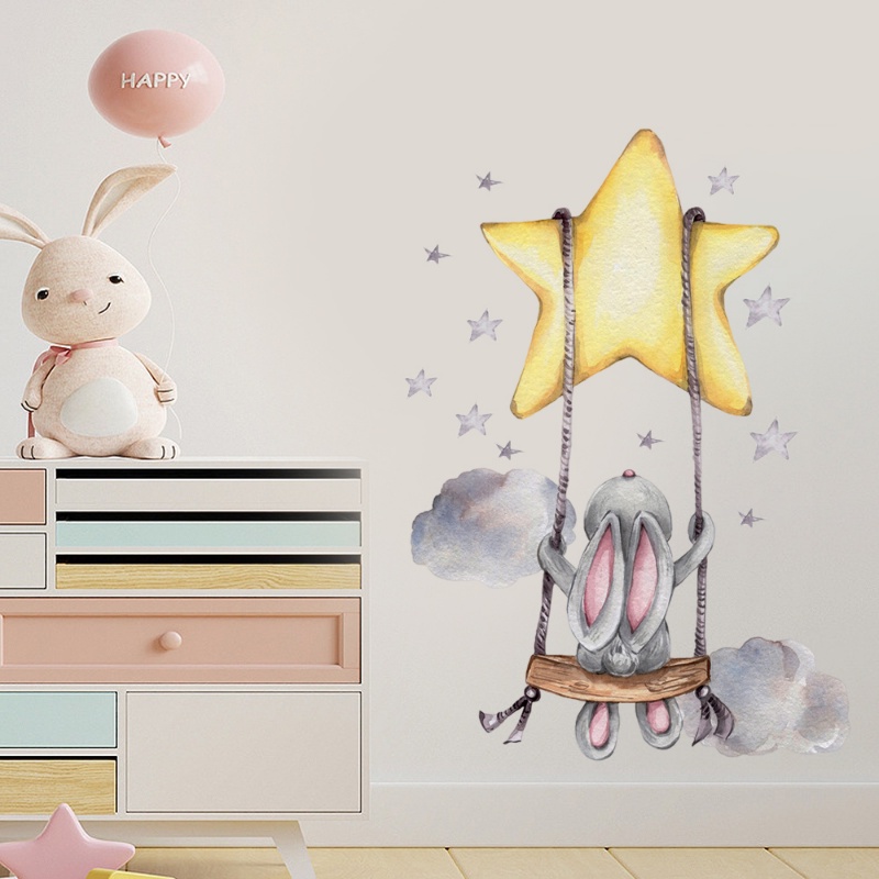 Aksesoris Dekorasi Kamar Anak Perekat Diri 3D Indoor Stiker Dinding Tahan Air Tahan Debu Wallpaper Latar Belakang TV Art Decal Swing Pola Kelinci Aplikasi Dinding