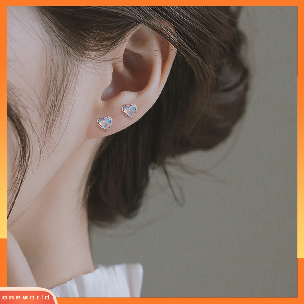 [EONE] 1pasang Ear Studs Dainty Elegan Temperamen Mini High Gloss Cinta Hati Faux Moonstone Wanita Anting Perhiasan Aksesoris