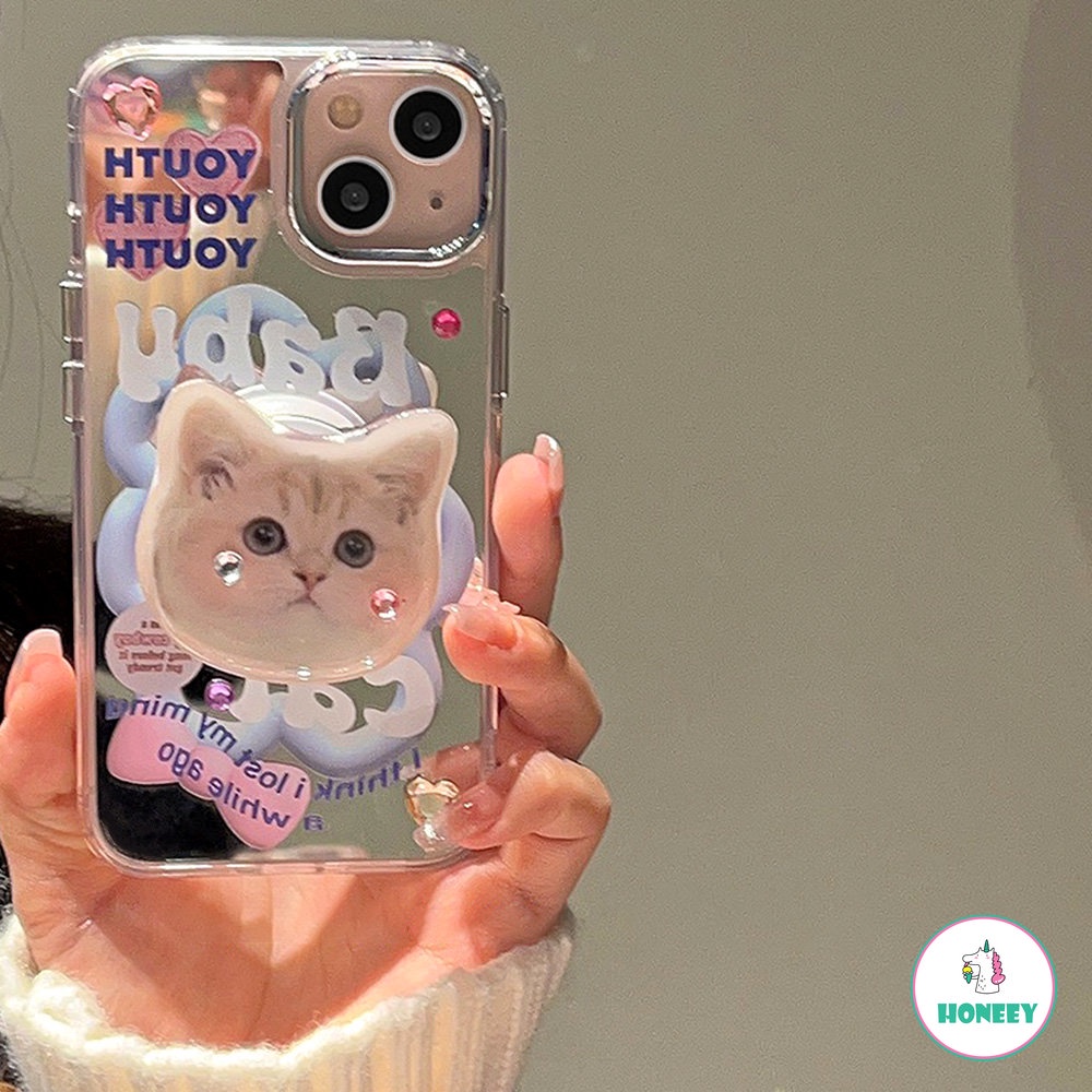 Mirror Lovely Kitty Cat Grip Holder Phone Case Untuk iPhone 14 ProMax 13 12 Pro Max11 Cases Wanita Lucu Bracket Stand Soft Cover