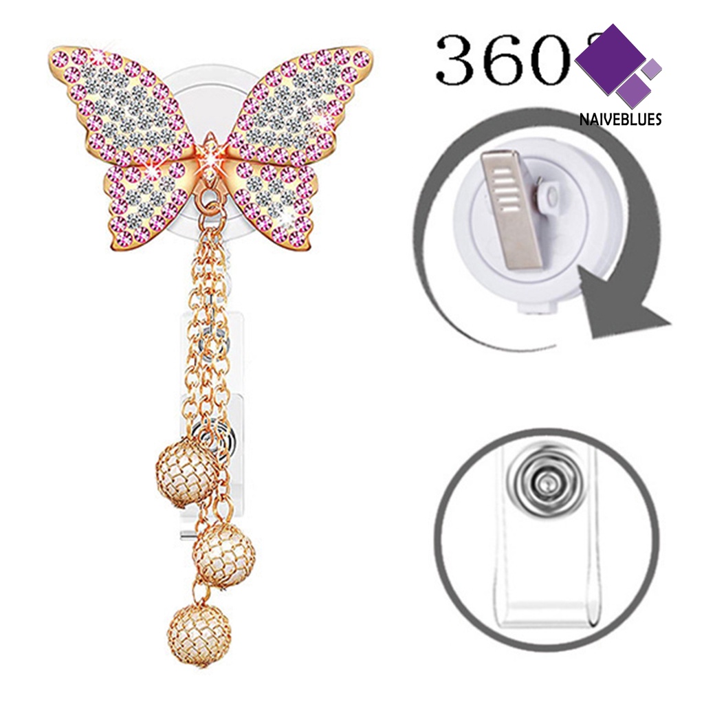 &lt; Naiveblues &gt; ID Badge Holder Dengan Klip Heavy Duty Fancy Rhinestone Butterflies Holder Reel Fashion