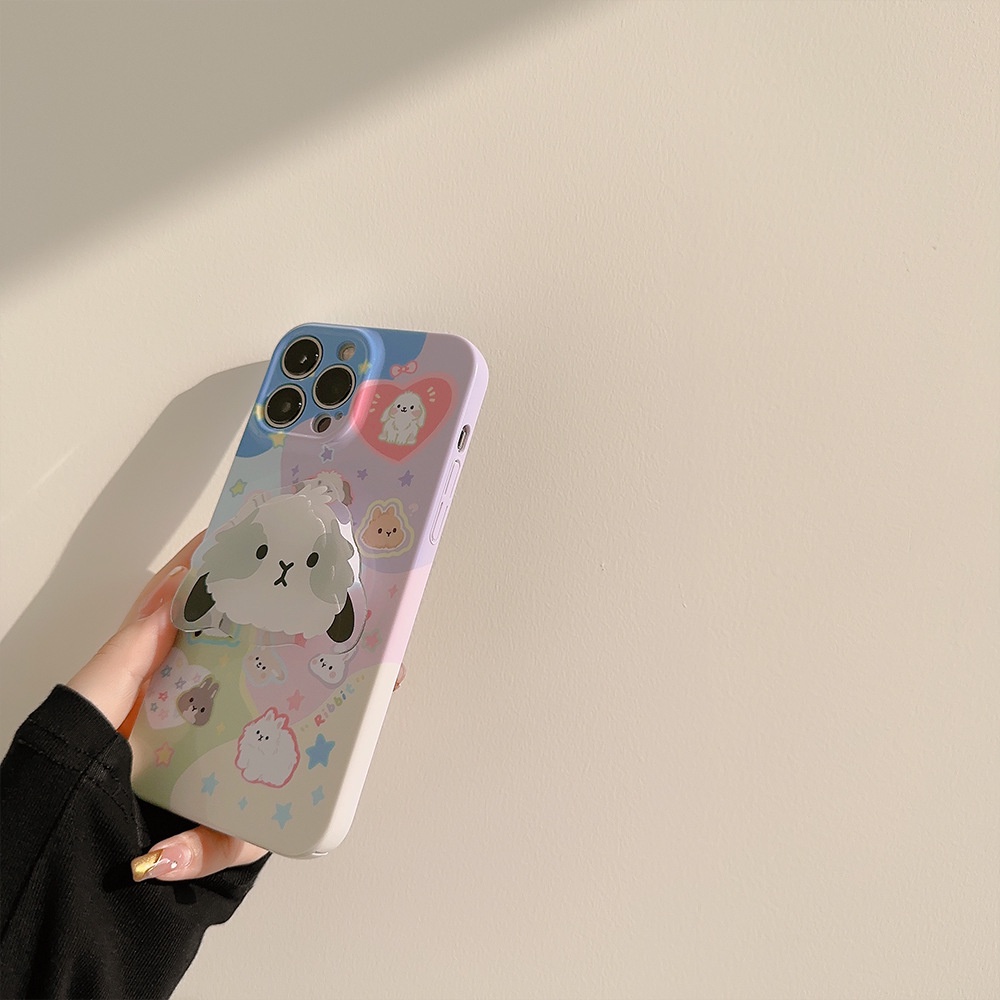 IPHONE Ins Kartun Lucu Lop-eared rabbit Hard Phone Case Film Cover Dengan Bunny Holder Untuk Iphone7 8 PLUS X XR XS 11 12 13 14 PRO MAX SE 2020
