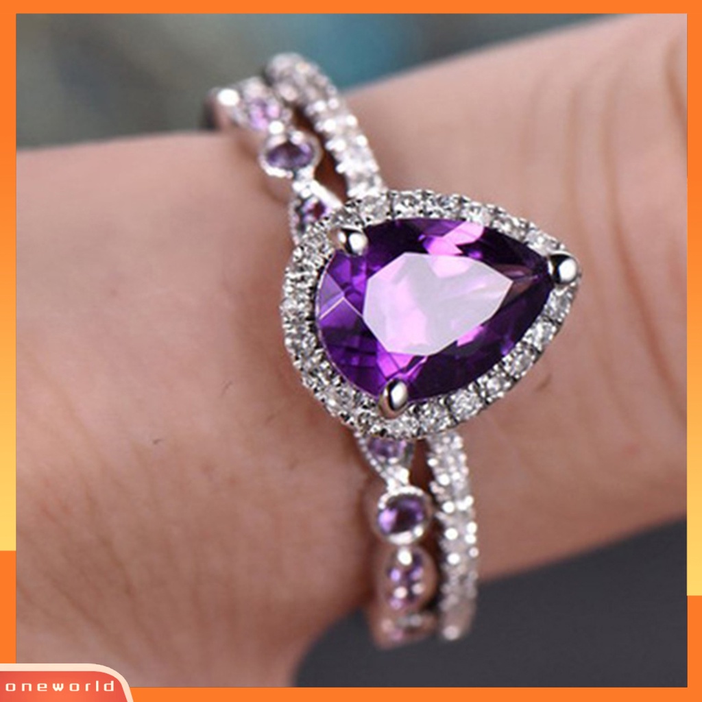 [EONE] 2 Pcs Wanita Cincin Mewah Ungu Berlian Imitasi Mengkilap Penuh Berlian Imitasi Hias Berkilau Hadiah Wanita Lamaran Cincin Perhiasan Pernikahan Aksesori Busana