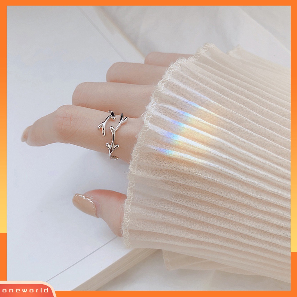 [EONE] Open Ring Adjustable Geometris Electroplating Tanduk Menawan Dekorasi Tahan Aus Cabang Sederhana Daun Cincin Tipis Aksesori Perhiasan