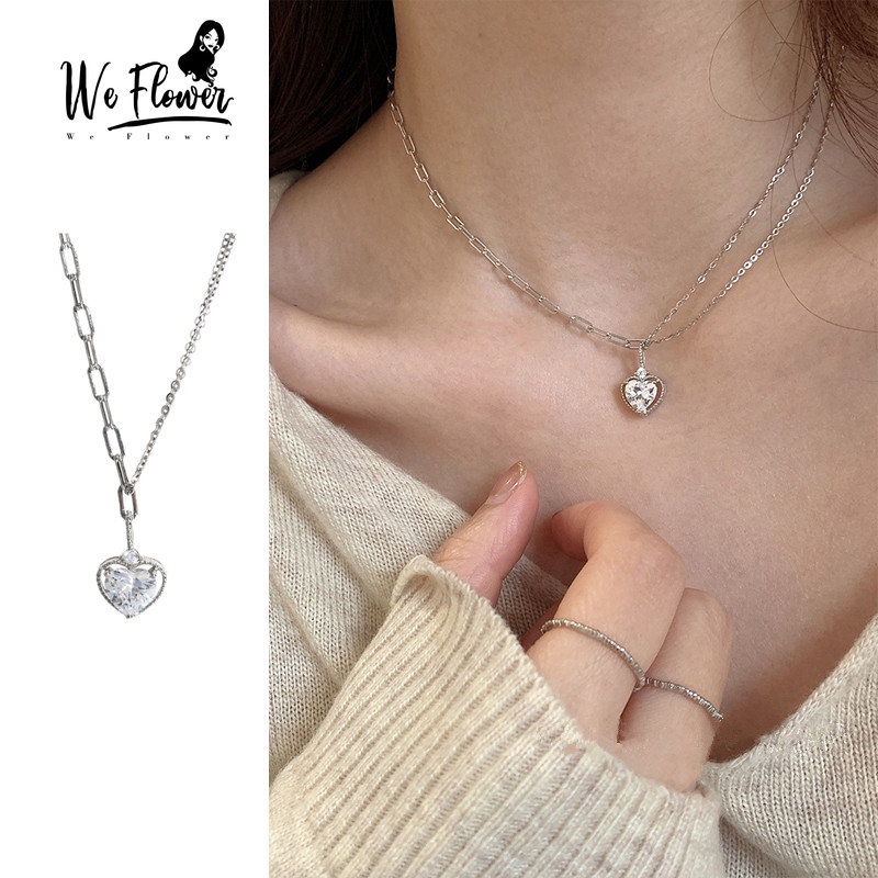 Kami Bunga Mewah S925 Perak Berkilau Kristal Hati Liontin Kalung Untuk Wanita Gadis Keren Manis Tulang Selangka Rantai Kalung Perhiasan Aksesoris