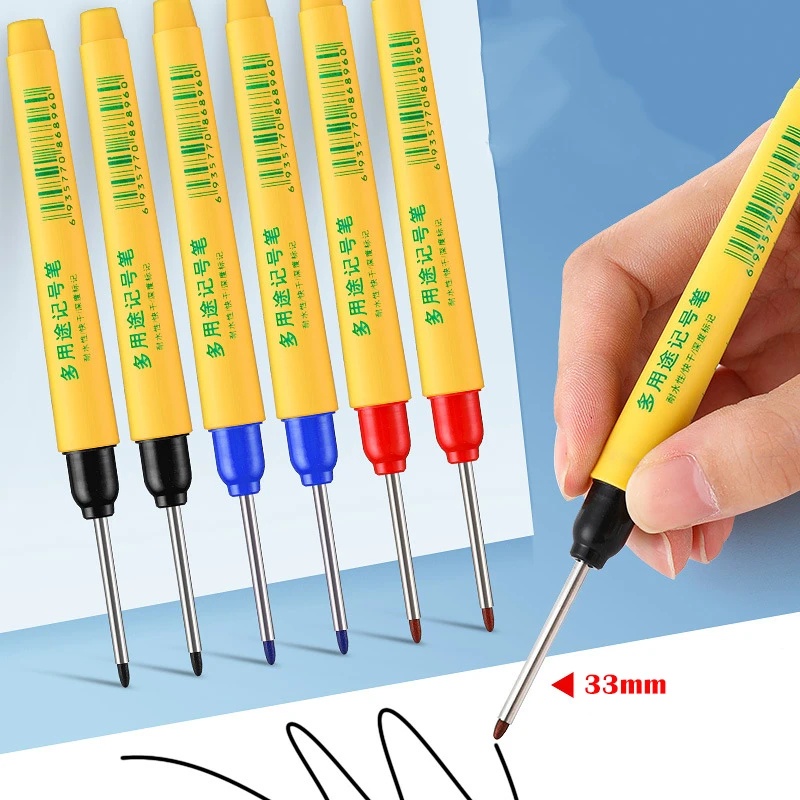 [Unggulan] 33mm Hitam Ujung Panjang Deep Hole Head Marking Pen Black Blue Red Dekorasi Rumah Pena Konstruksi Pena Panjang Nib Penanda Kepala Tahan Air Pulpen Perforating Logam Serbaguna