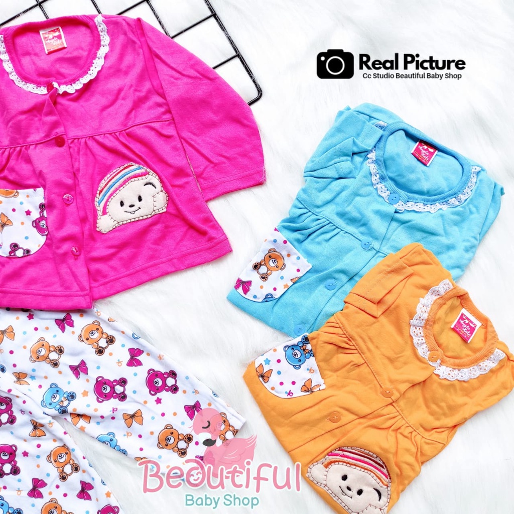 Setelan Baju Bayi Panjang Motif Bordir Bear / Setelan Piyama Bayi Perempuan 3-12 Bulan / Baju Bayi Perempuan Yeiko / Baby.ou