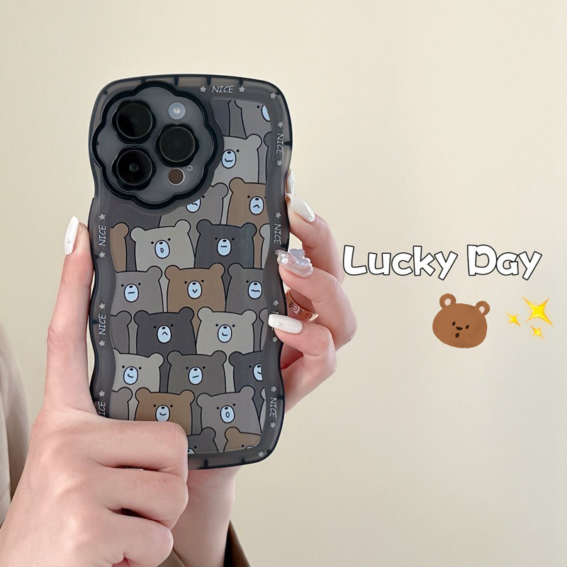 【Flower Camera】Lucky Day Full Bear Soft TPU Case HP iP iPhone 11 12 13 14 Pro Max 7 8 + Plus SE 2020 X XS XR Max Black Clear FTD Casing Apple