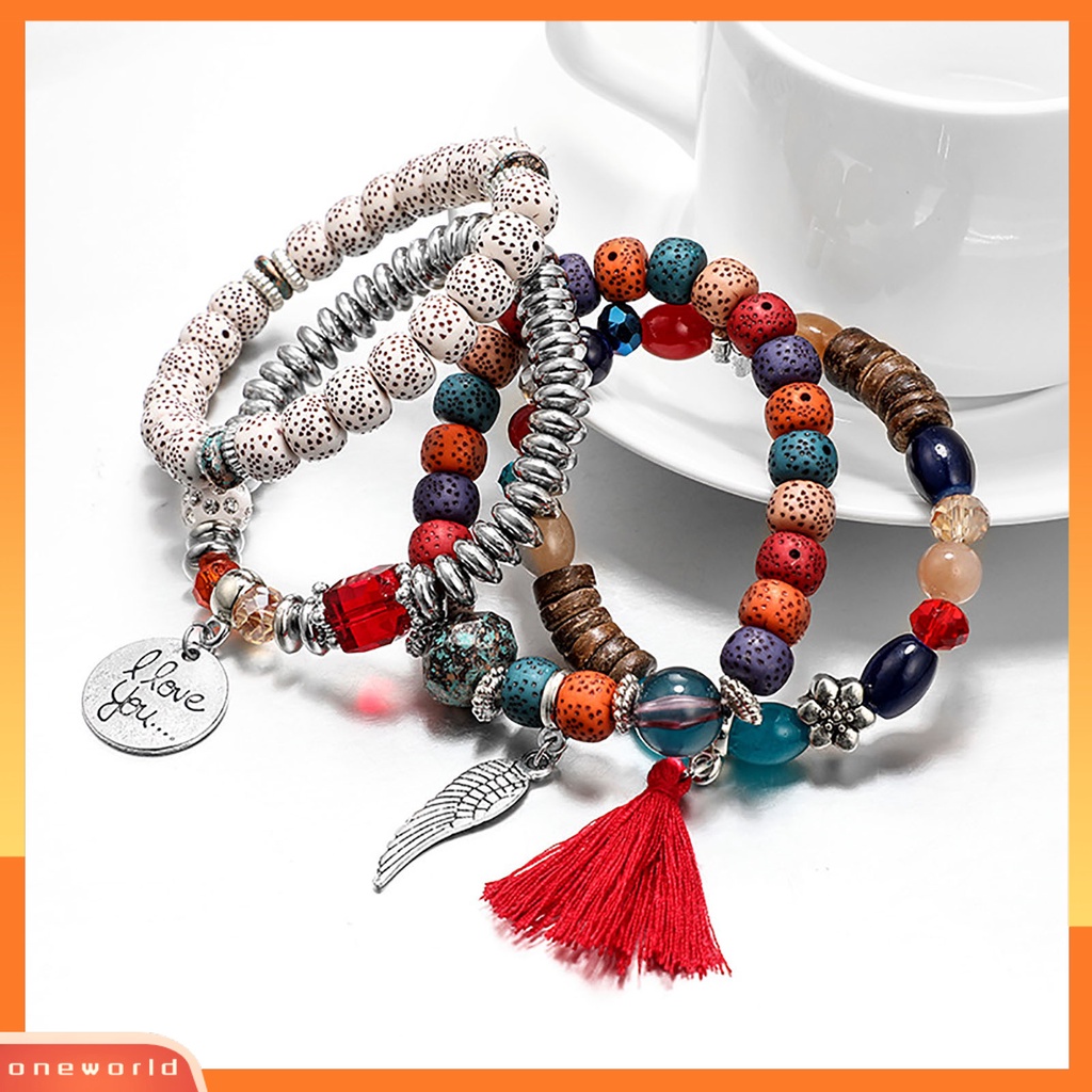 [EONE] 4pcs/set Gelang Wanita Gaya Bohemian Manik-Manik Vintage Rantai Tangan Rumbai Untuk Hadiah