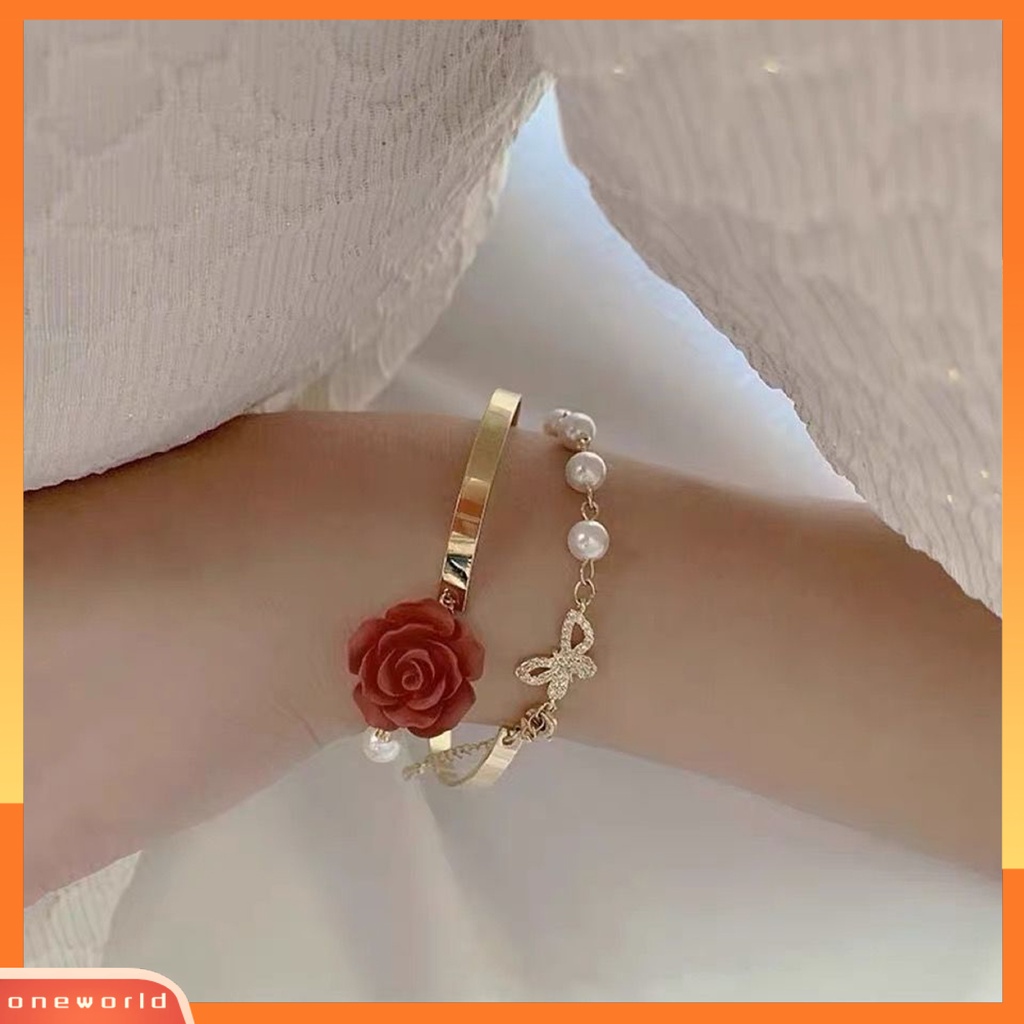 [EONE] Wanita Gelang Bunga Mawar Pesona Electroplating Tidak Luntur Busur Ornamen Mutiara Imitasi Dekorasi Adjustable Temperamen Perancis Niche Bermutu Tinggi Bangle Perhiasan Pesta