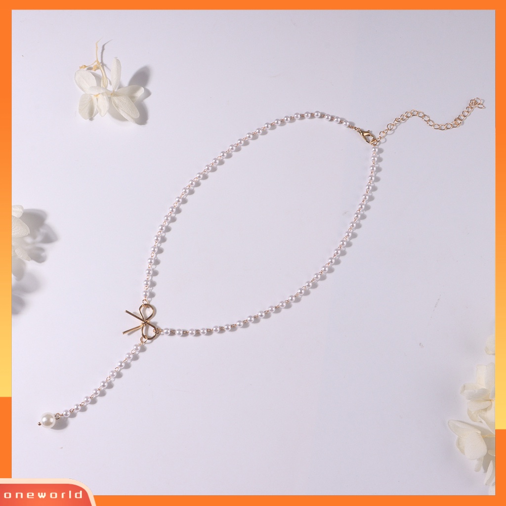 [EONE] Mutiara Imitasi Kalung Lucu Alloy Busur Panjang Rumbai Manik-Manik Liontin Temperamen Dress-Up Warna Emas/Perak Wanita Gaun Sweater Kalung Aksesoris Perhiasan Hadiah