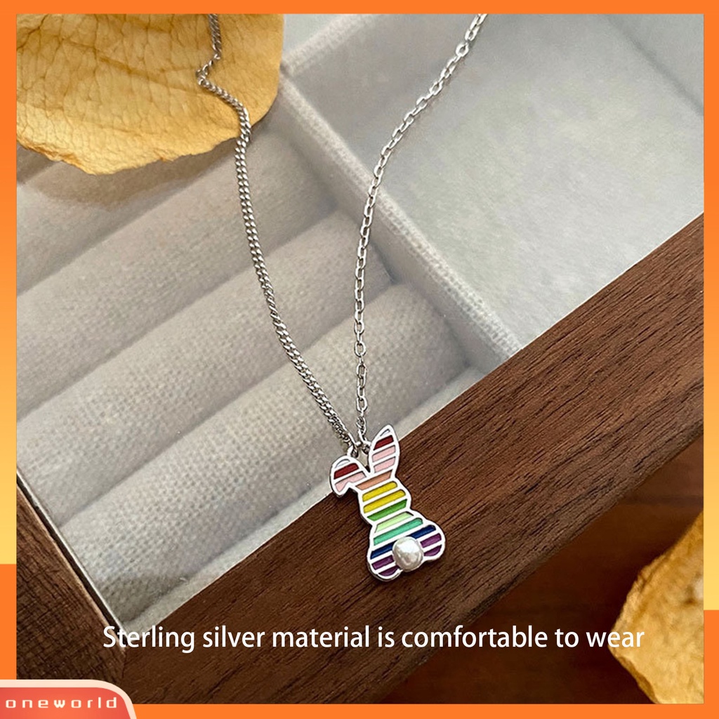 [EONE] Wanita Kalung Rainbow Oil-dripping Bergaris Mutiara Imitasi Elegan Kelinci Liontin Klavikula Kalung Fashion Perhiasan