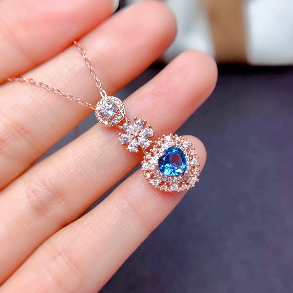 Goldkingdom Aksesoris Perhiasan Fashion Ready Stock Jantung Lautan Kalung Berlapis Dengan Rose Gold Alami London Blue Topaz Pendant