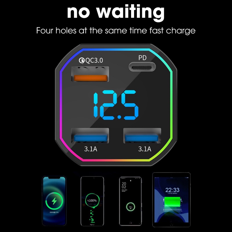 Universal 66W 4port USB Multifungsi Mobil Cepat Charger Indah Kualitas Tinggi PD Quick Charge 3.0 USB C Car Phone Charger Adapter