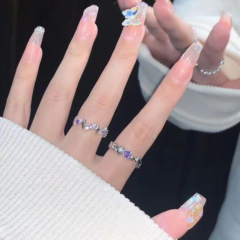 Gaya Baru ins Manis Gaya Ungu Berlian Cinta Hati Zirkon Cincin Terbuka Perempuan Versi Korea Bintang Berujung Empat Niche Gaya Keren Ringan Mewah Cincin Unik