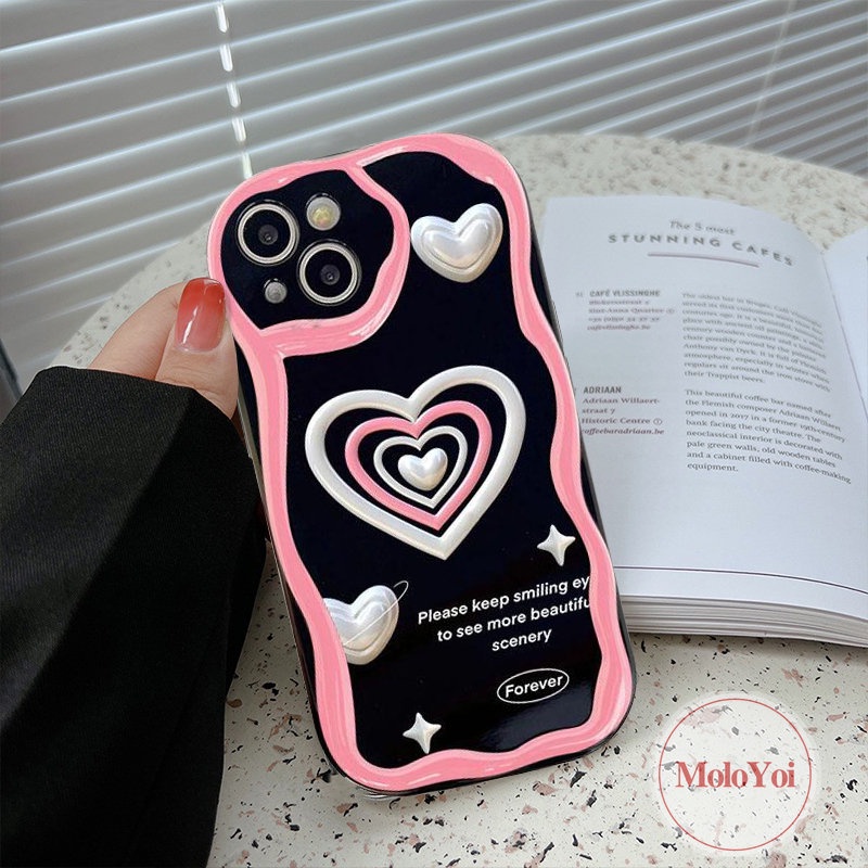 IPHONE Casing Ponsel Kompatibel Untuk Iphone11 12 13 14 Pro Max XR 7Plus 8Plus X 7 8 6s 6 Plus XS Max SE 2020 INS Pink Love Heart Leopard 3D Wavy Curved Edge Glossy Shockproof Soft Tpu Cover