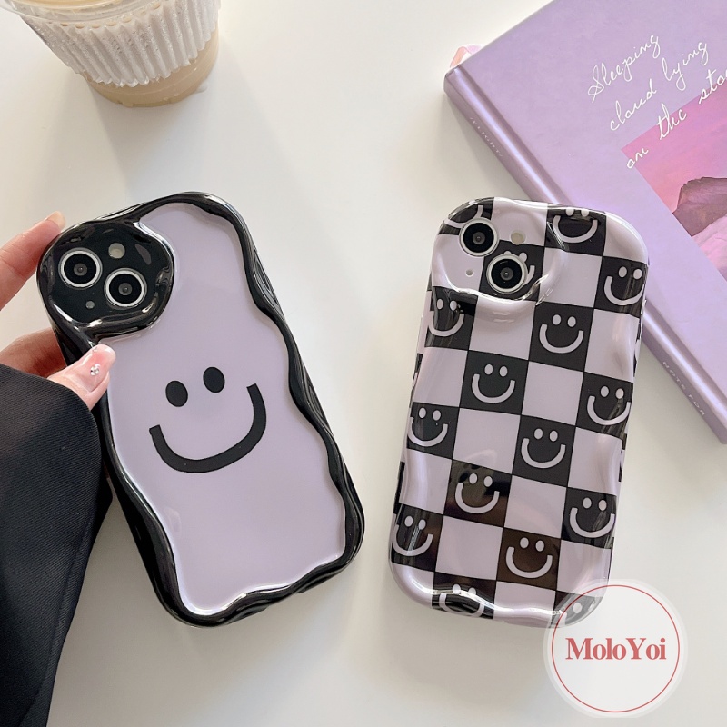 Casing 3D Wavy Curved Edge Checkerboard Cute Smile Kompatibel Untuk iPhone 7Plus 8Plus 11 14 12 13 Pro Max XR X 7 8 6s 6 Plus XS Max SE 2020 Kartun Smiley Lembut Shockproof Glossy Cover