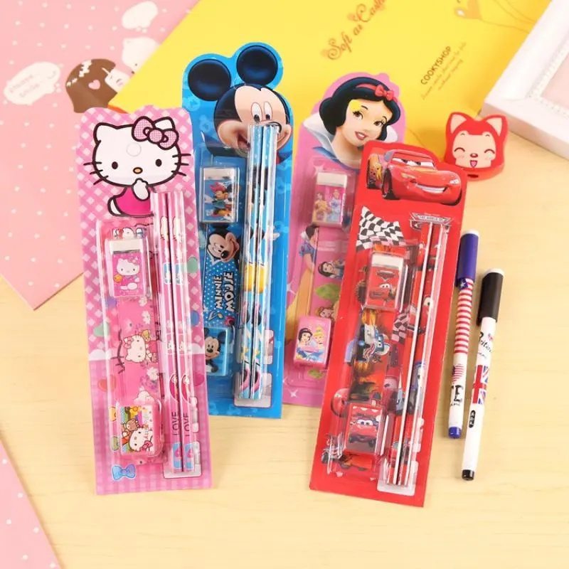 Paket Alat Tulis Anak 5in1 Karakter Lucu Hewan Superhero Pensil Penggaris Penghapus Rautan