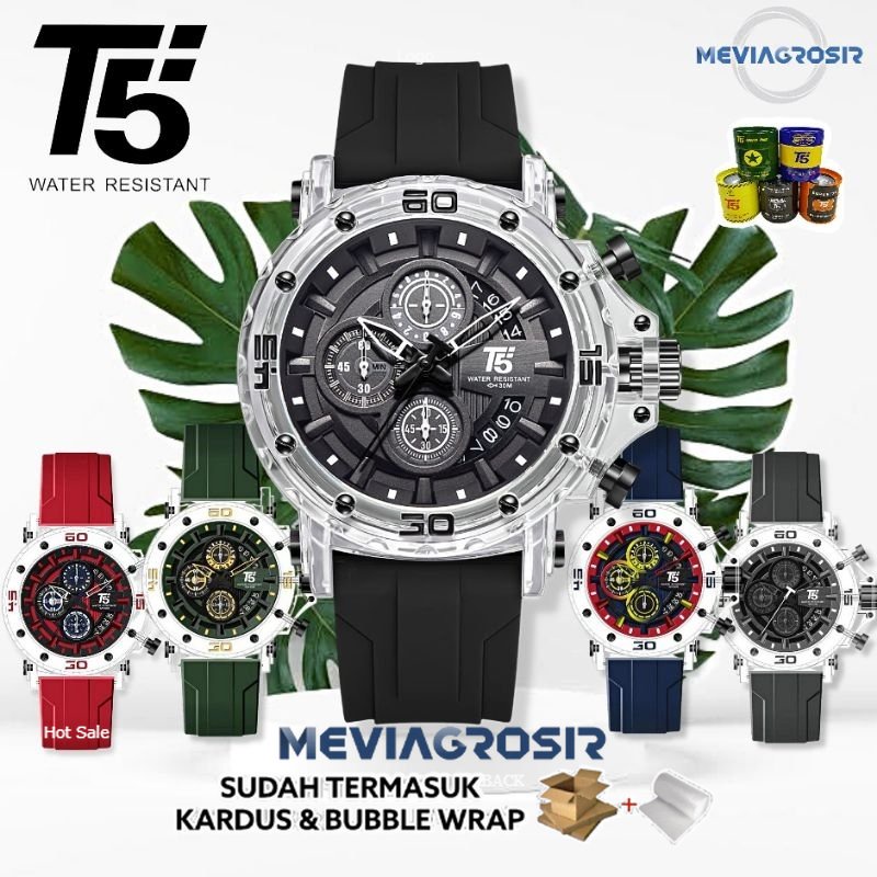JAM TANGAN PRIA T5 H4004 H4004G 4004 T5 TRANSPARAN CASE TALI RUBBER ORIGINAL 100% CHRONOGRAPH TAHAN 