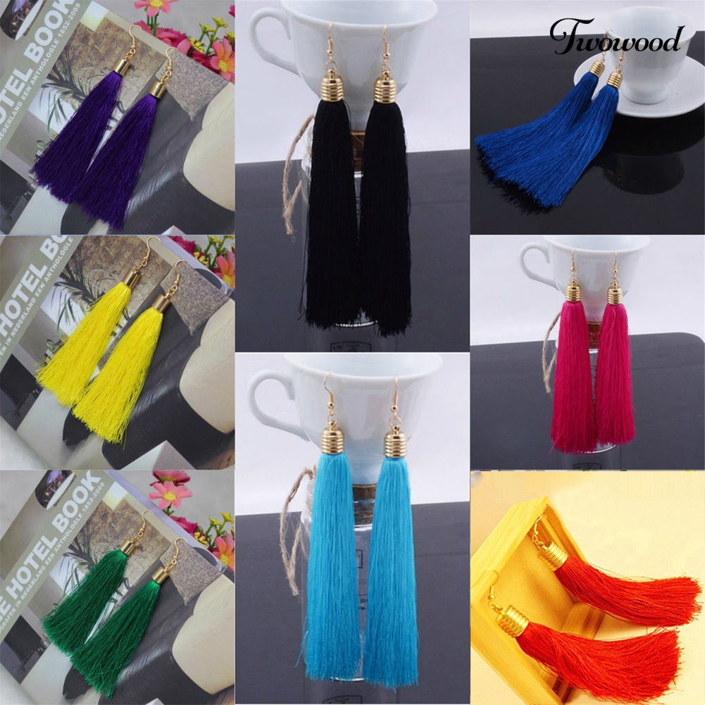 Twowood Bohemian Hook Earring Wanita Vintage Panjang Rumbai Fringe Boho Anting Menjuntai